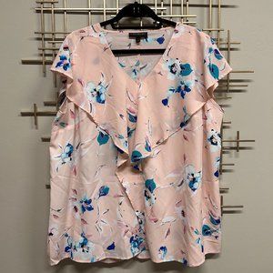 Lane Bryant Pink Floral V-Neck Blouse with Frill Detail